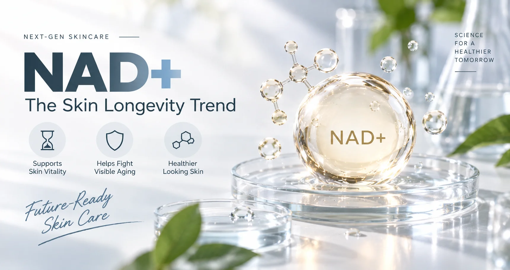 NAD+ skincare advertisement highlighting benefits such as supporting skin vitality, fighting visible aging, and promoting healthier-looking skin with a futuristic design.